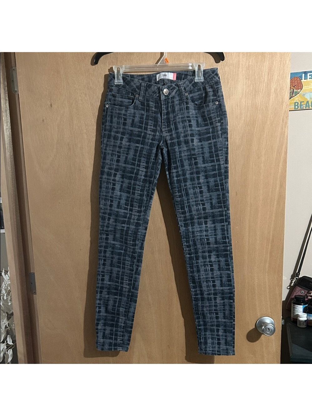 CAbi Blue Skinny Jeans with a Plaid Print